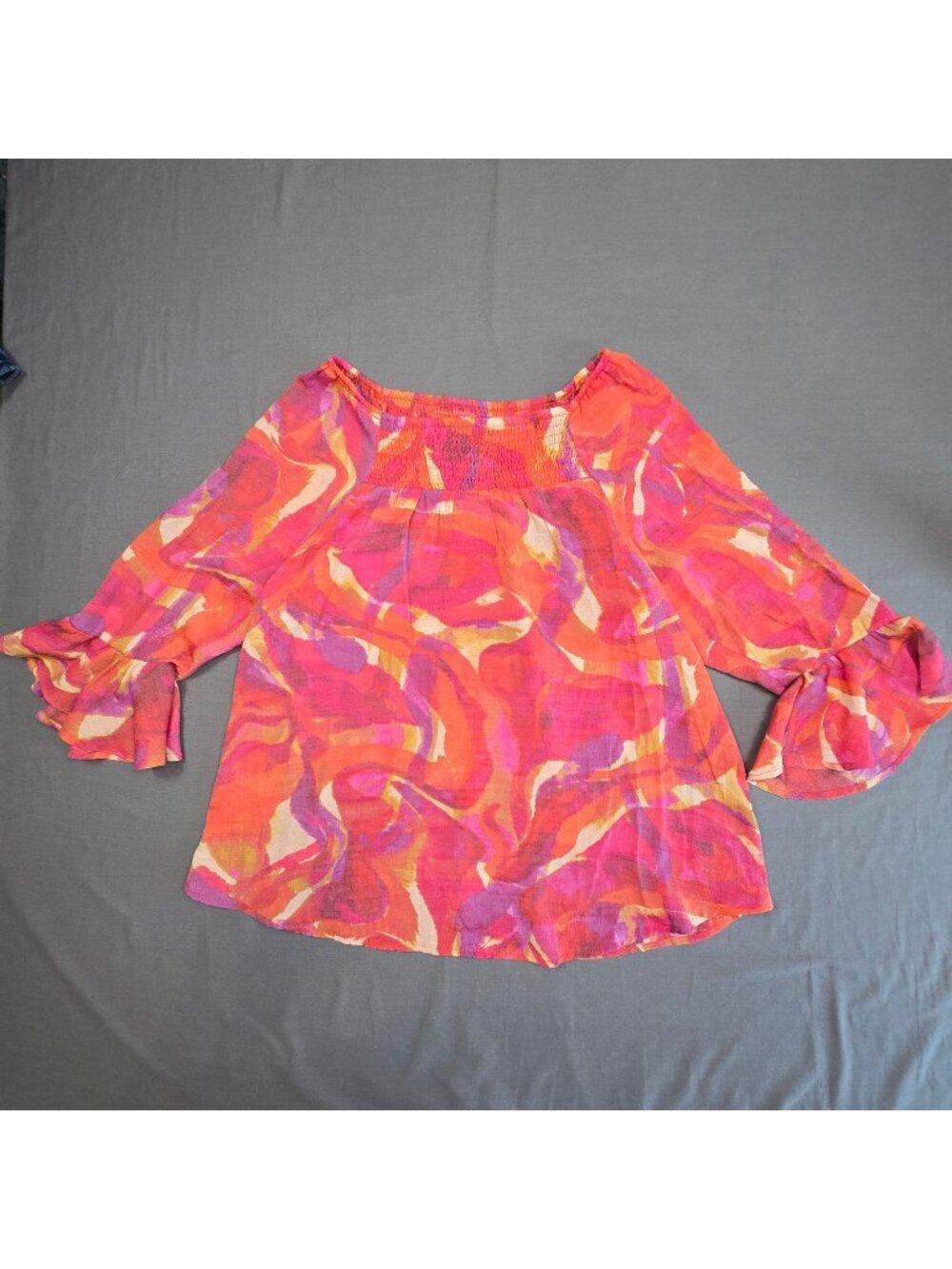 Ava & Grace Blouse Size L Pink Purple Abstract Sheer Long-Sleeve Boho Smocked